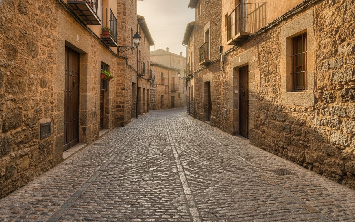 Stradă medievală îngustă din Toledo cu clădiri de piatră și pavaj tradițional
