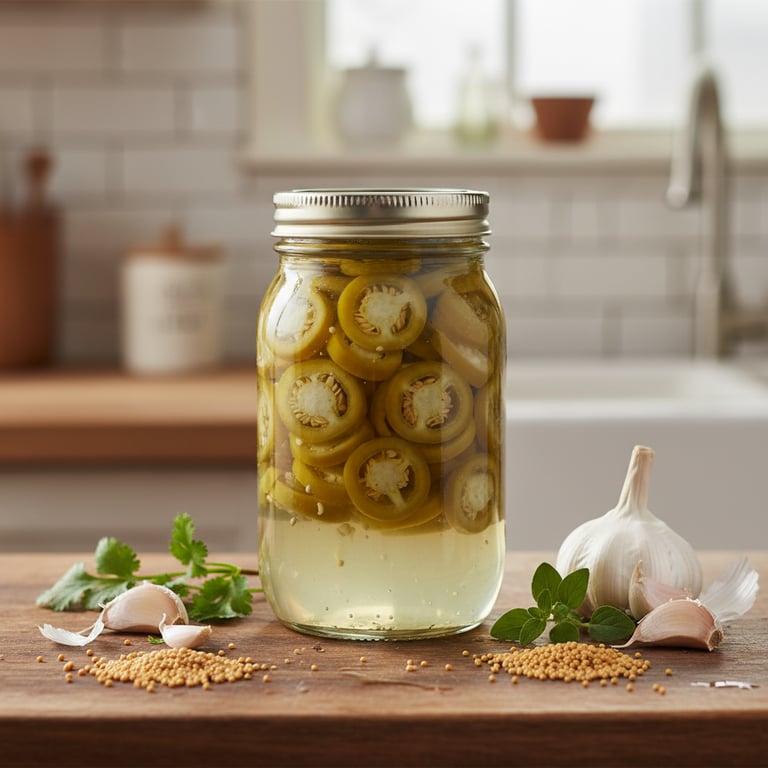 Borcan cu ardei jalapeno murați în saramură cu condimente aromatice