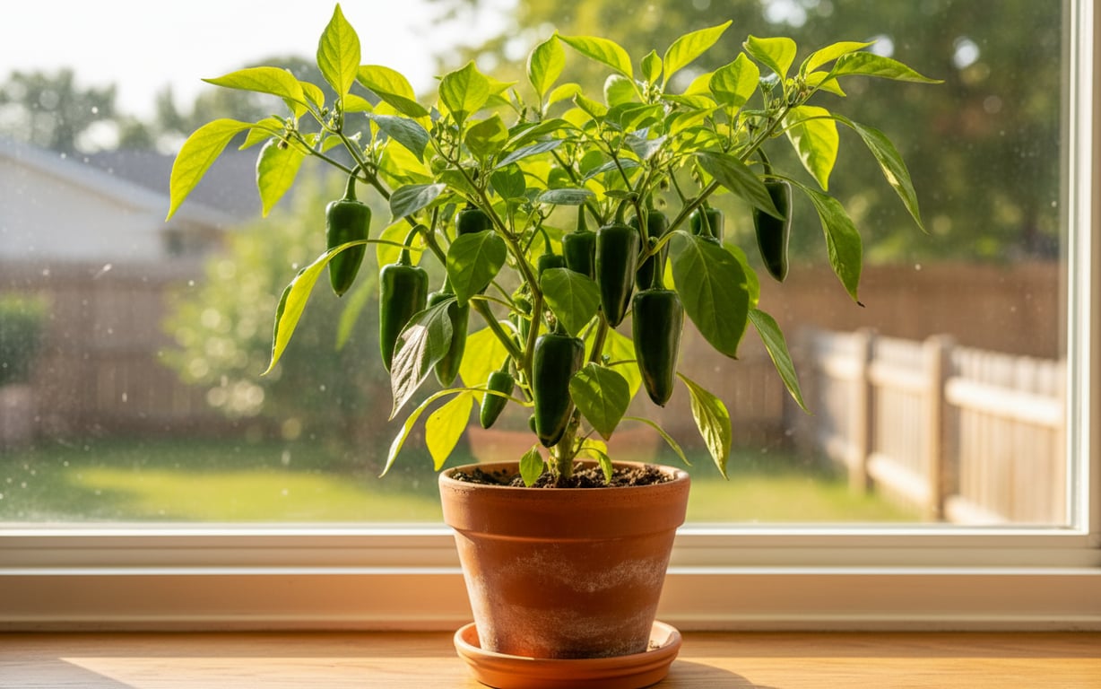 Plantă de jalapeno cu ardei verzi în ghiveci pe un pervaz însorit