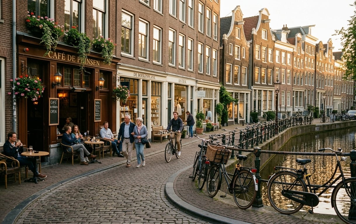 Stradă îngustă în cartierul Jordaan cu canale pitorești și cafenele tradiționale olandeze