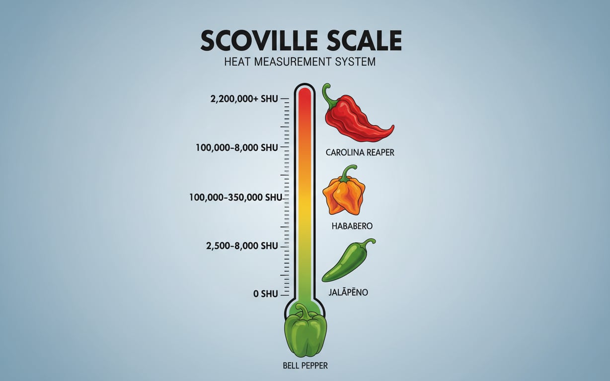 Diagrama scalei Scoville cu diferite tipuri de ardei de la blând la extrem de picant