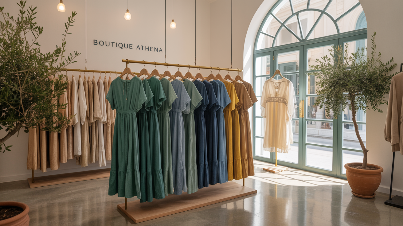 Εσωτερικό ενός μικρού καταστήματος ρούχων με ράφια και κρεμάστρες.