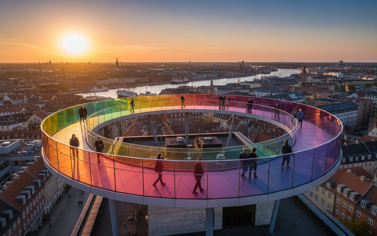 Pasarelă circulară din sticlă colorată deasupra muzeului ARoS cu vedere panoramică asupra orașului Aarhus
