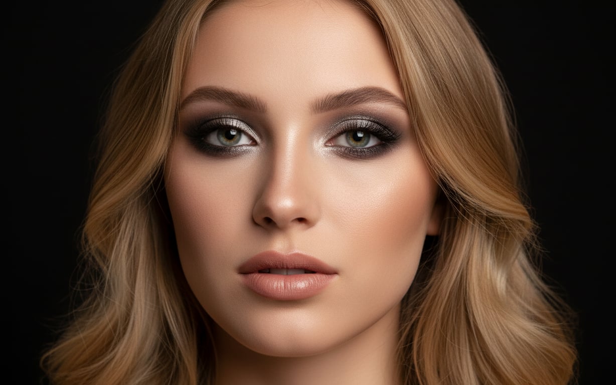 blonda cu machiaj de seara smoky eyes argintiu si ruj nude elegant