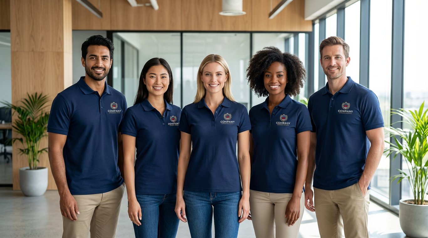 Tricouri polo personalizate cu logo brodat pentru echipa corporativa uniforma