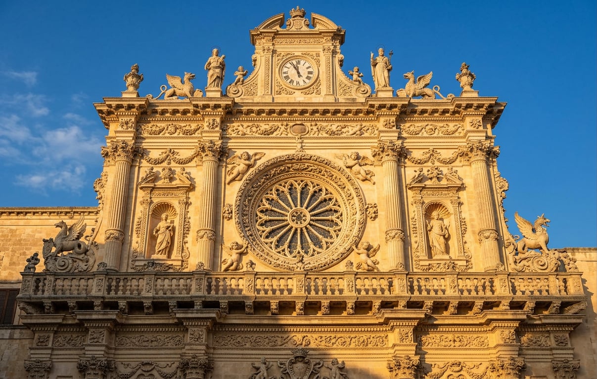 Fațada barocă ornamentată a Basilicii Santa Croce din Lecce, Puglia