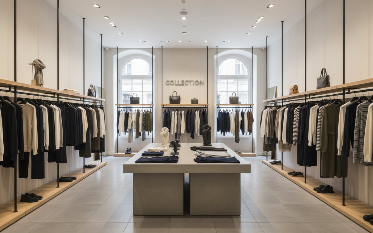 Elegancki butik z markowymi ubraniami na wieszakach w nowoczesnym wnętrzu
