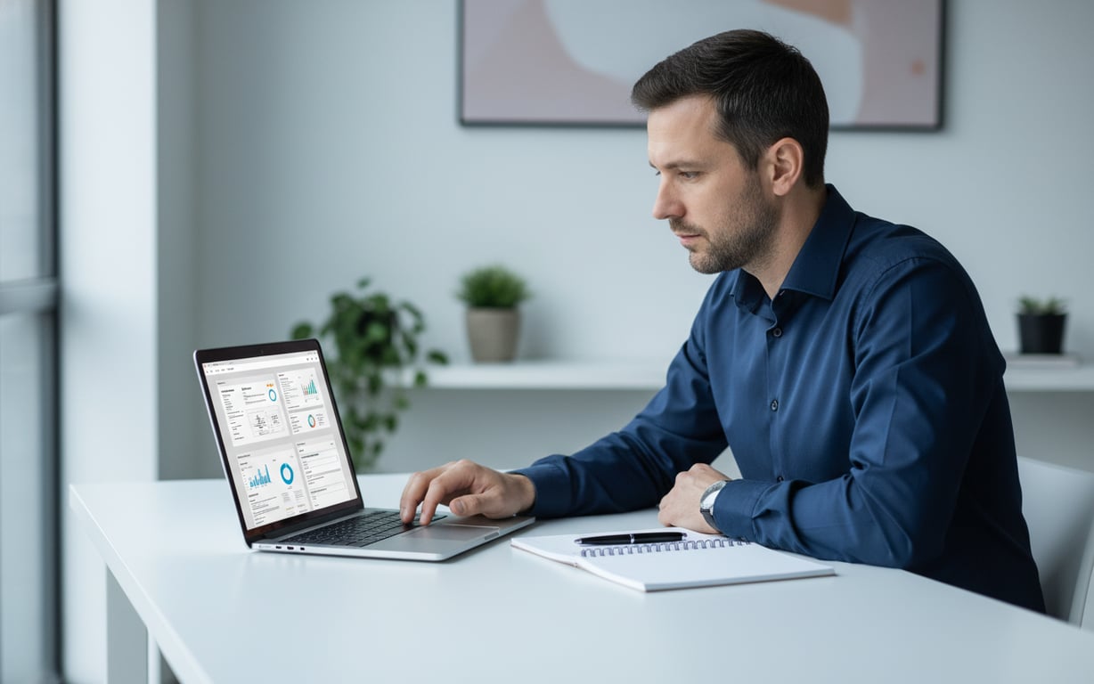 Przedsiębiorca weryfikujący dokumenty i certyfikaty hurtowni na laptopie