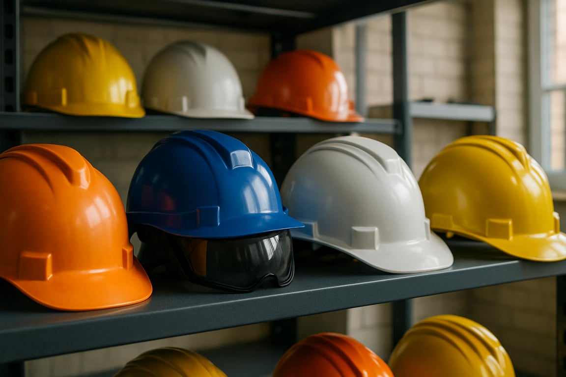 A close-up photorealistic shot capturing a variety of safety helmets arranged on a shelf in a well-lit equipment storage room in Romania. The helmets include construction helmets, electrician helmets, and industrial helmets, each displaying distinct features and colors. The scene emphasizes the diversity of protective gear and the importance of proper equipment selection for different work environments.