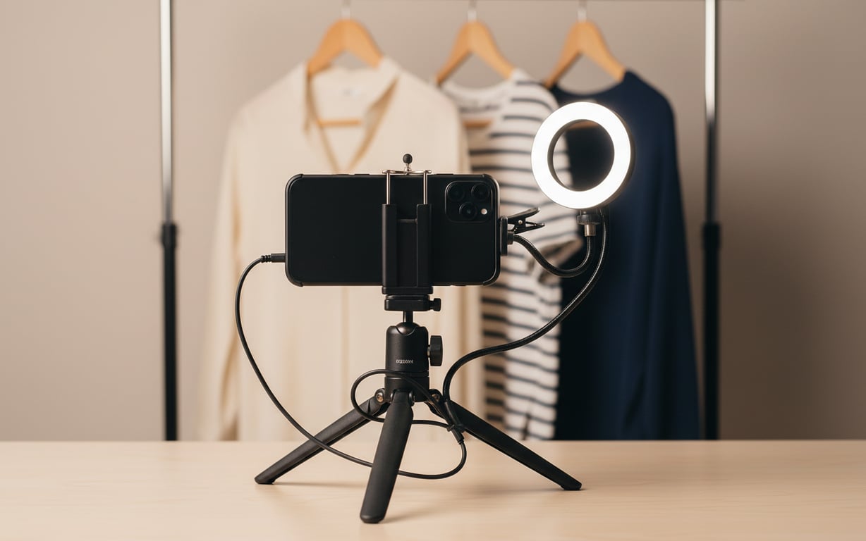 Phone mounted on tripod with ring light illuminating a clothing rack setup