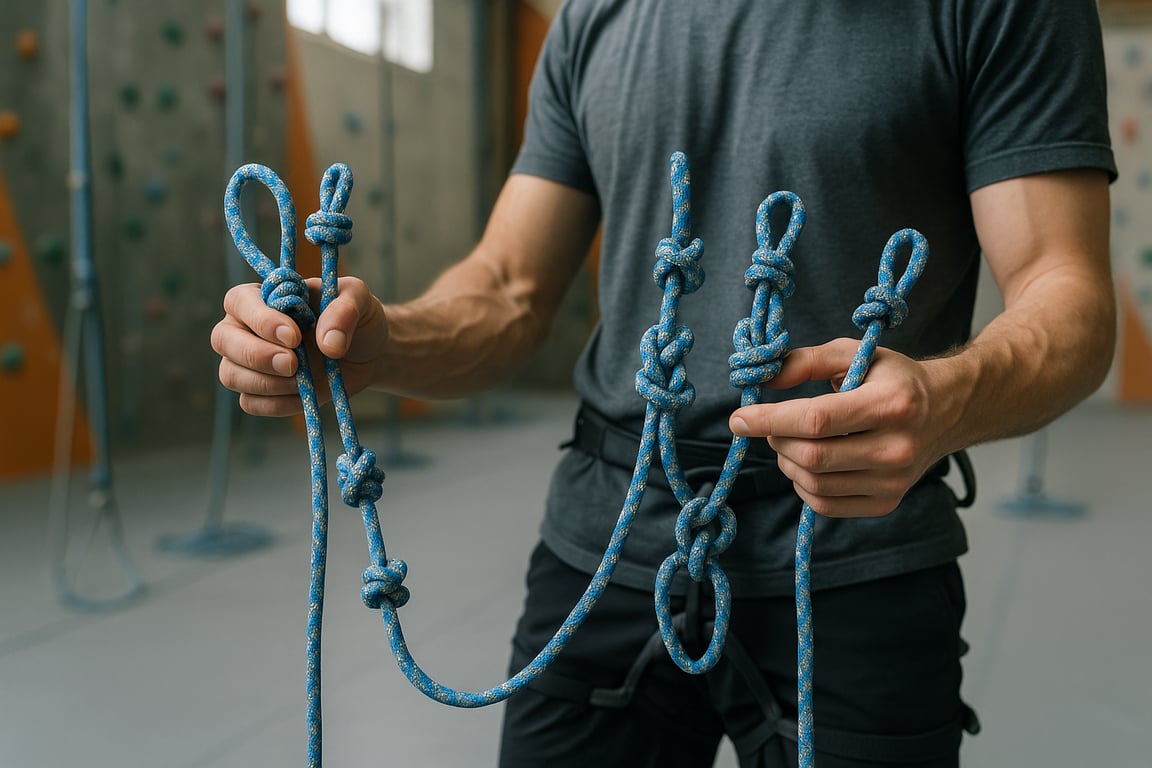 Climber demonstreaza noduri pe coarda intr-un centru indoor