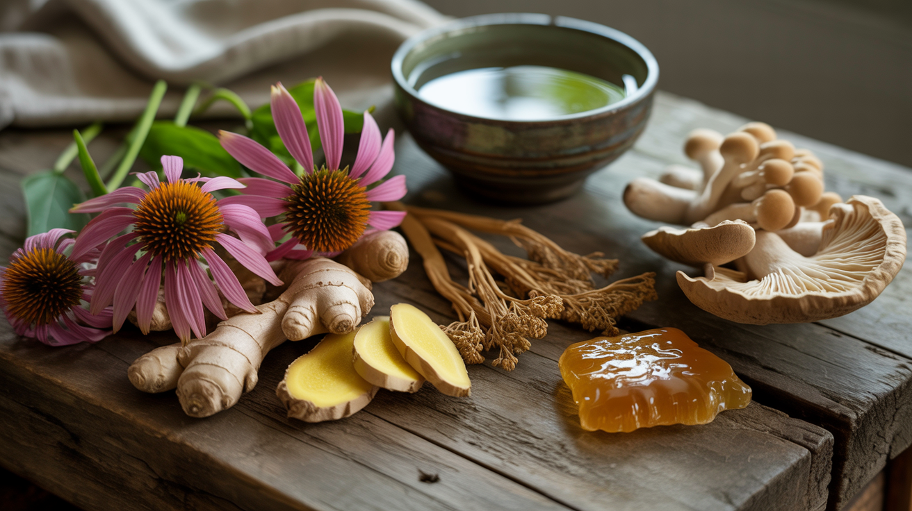 Selection of natural remedies for boosting immunity on wooden table