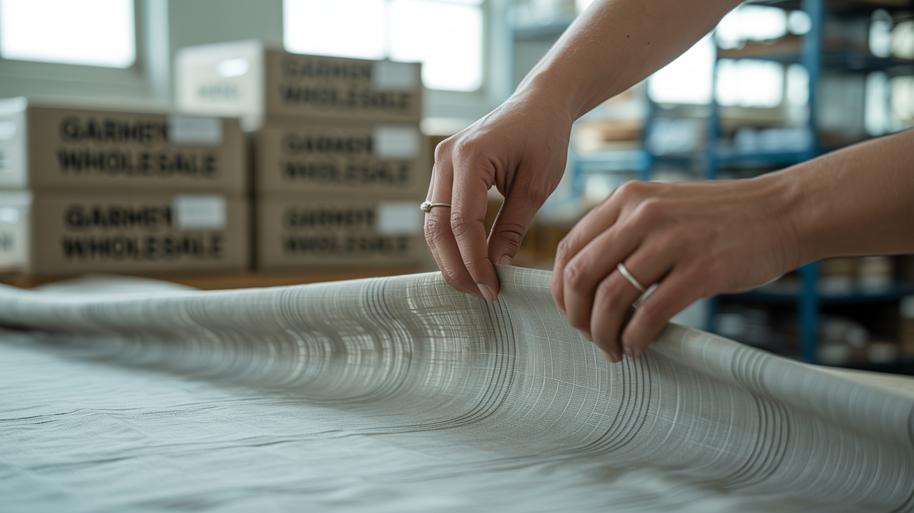 Evaluating wholesale clothing: fabric close-up, quality check, hands inspecting