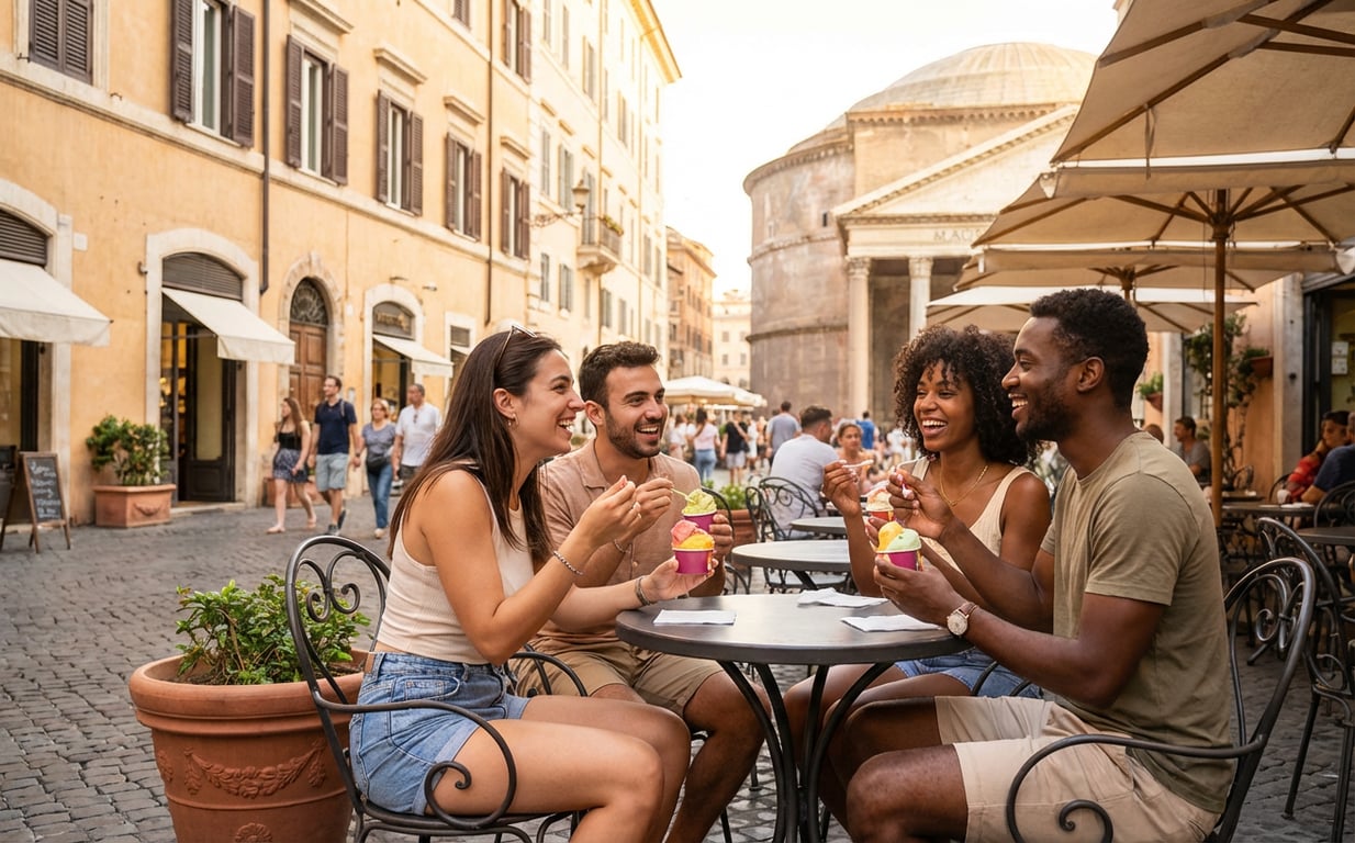 Turiști relaxați savurând gelato italian pe o terasă tradițională în centrul istoric al Romei