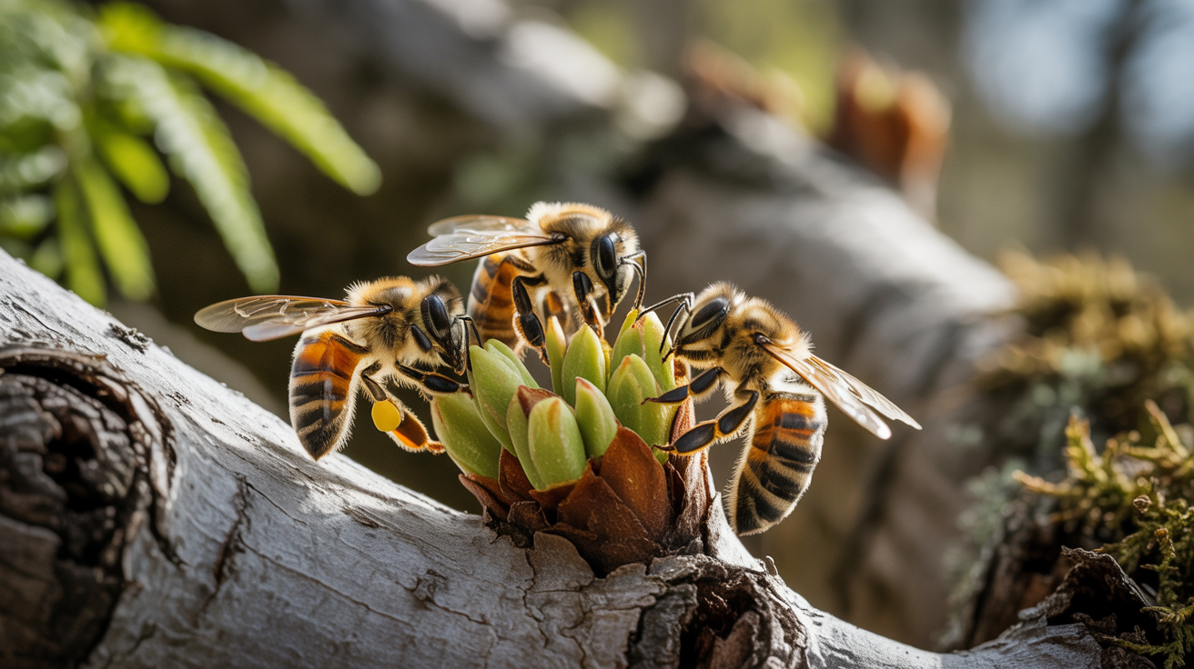 Albine lucrătoare colectând rășină de pe mugurii unui plop primăvara.