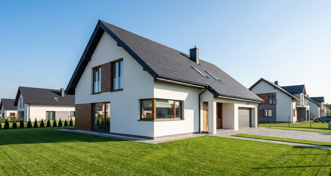 Casă modernă cu acoperiș din țiglă ceramică antracit și fațadă albă