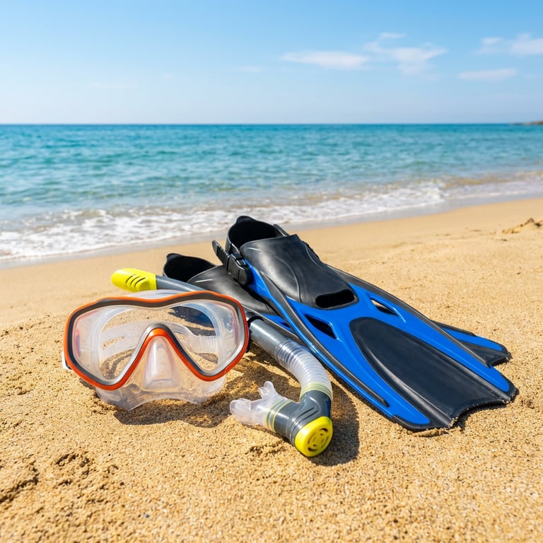 Set complet de echipament snorkeling cu mască panoramică, tub respirație și labe pe nisip auriu lângă apă