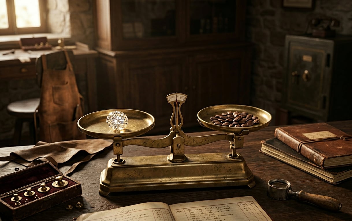 Diamant lângă semințe de roșcove pe balanță de alamă, originea termenului carat.