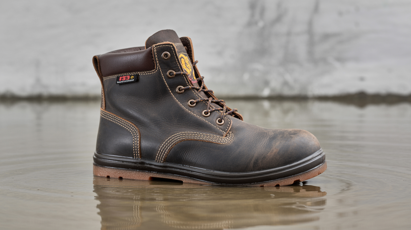 A safety boot S3 standard, demonstrating water resistance and protection