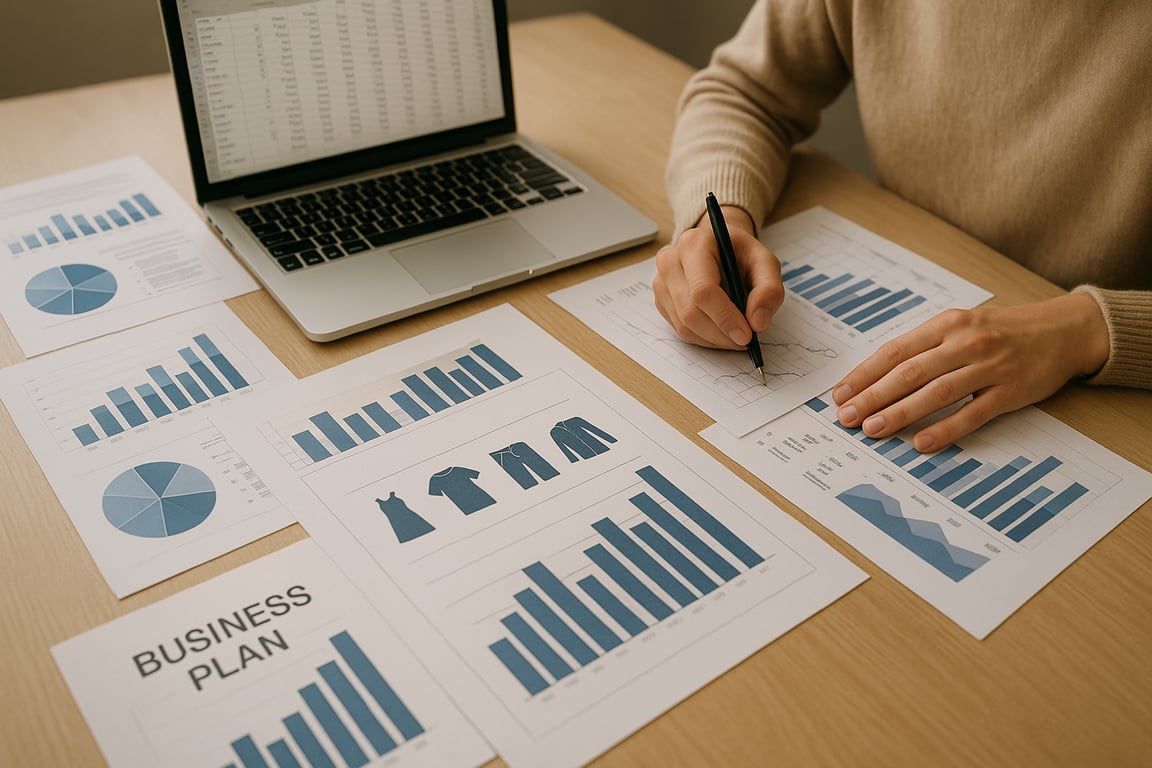 A photorealistic shot capturing a person working on a detailed business plan, with financial charts, market analysis reports, and a laptop displaying a spreadsheet, reflecting the importance of strategic planning in starting a successful clothing business.