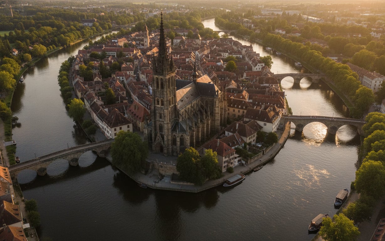 Vedere panoramică asupra centrului istoric Grande Île din Strasbourg cu turla catedralei în fundal