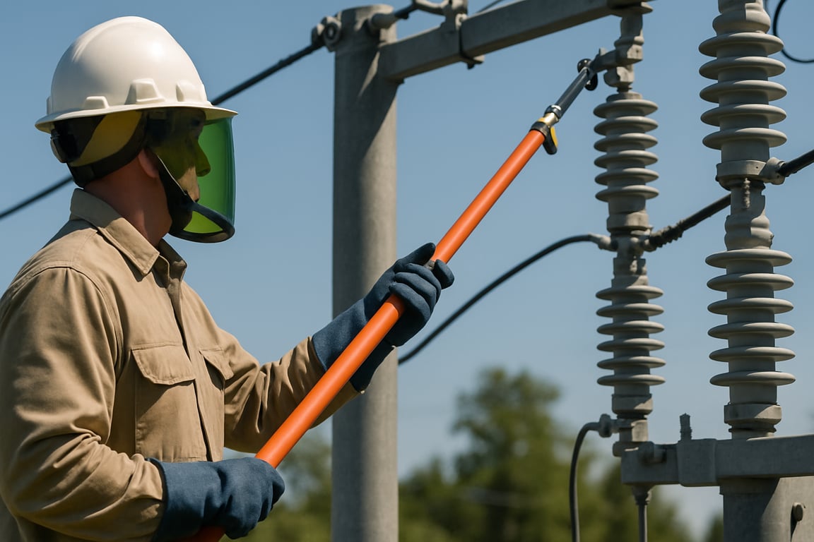 A photorealistic shot capturing an electrician using a hot stick to safely manipulate high-voltage equipment from a distance, wearing appropriate safety gear, bright outdoor lighting, focus on the hot stick and its insulating properties, emphasizing the importance of maintaining a safe distance from live electrical components.