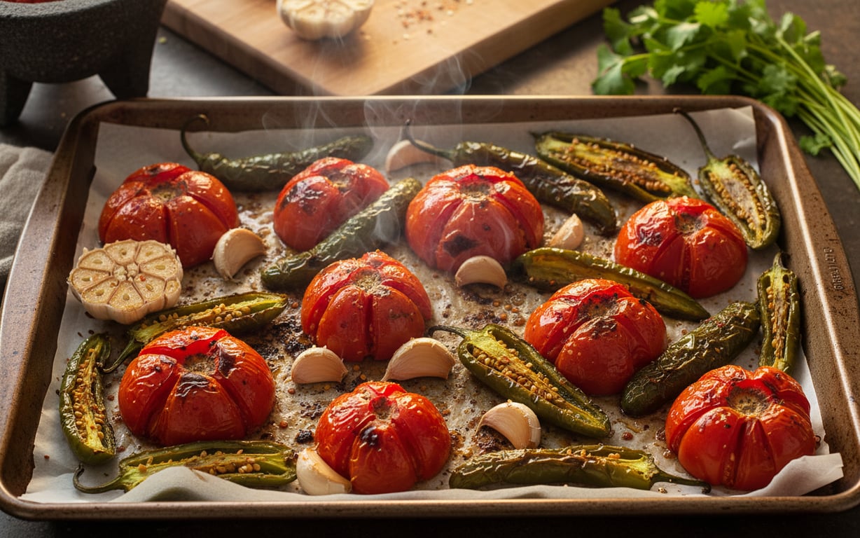 Roșii și ardei copți la cuptor pentru salsa cu aromă intensă