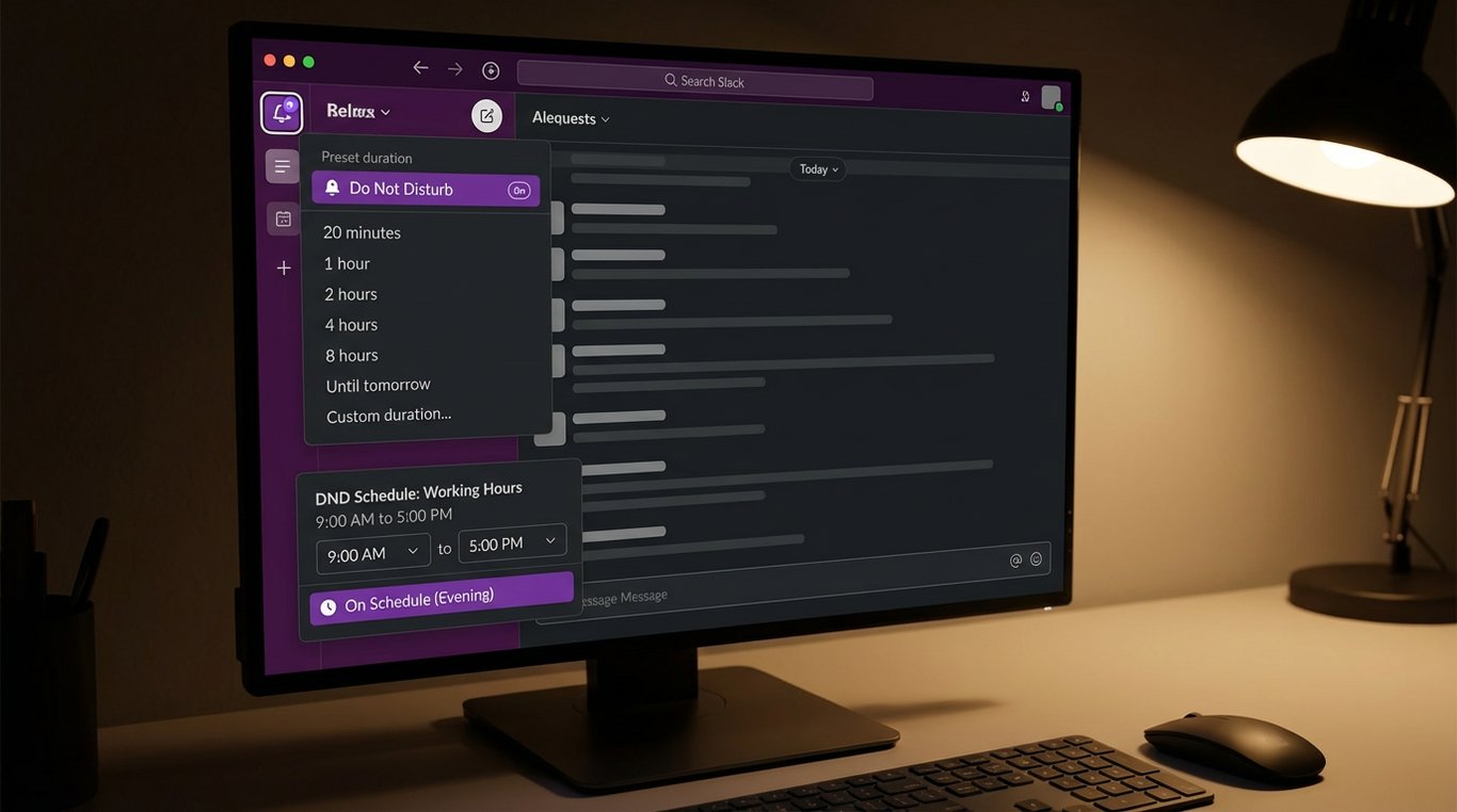 Slack interface showing Do Not Disturb bell icon with DND schedule settings and active quiet hours indicator