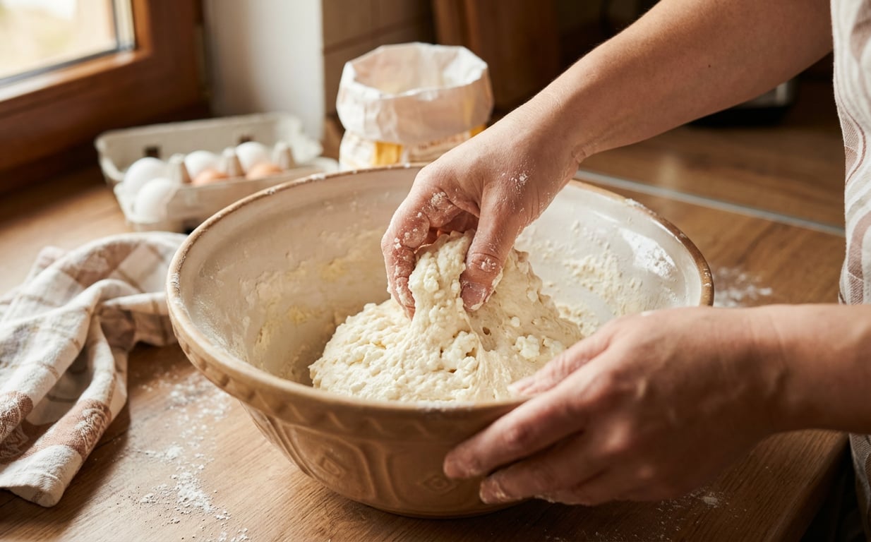 Maini framantand aluat pentru papanasi intr-un bol, proces de preparare pas cu pas