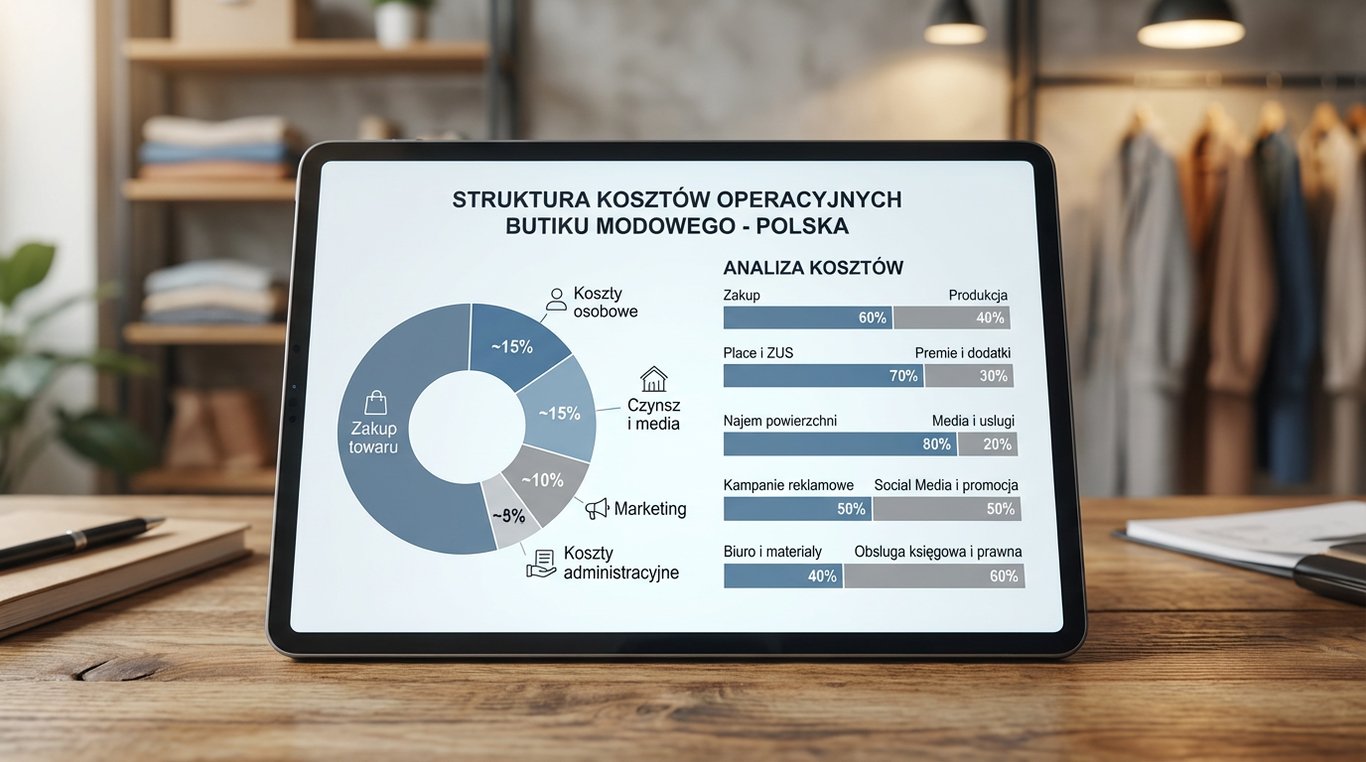 Infografika przedstawiająca główne kategorie kosztów operacyjnych w butiku odzieżowym z podziałem procentowym