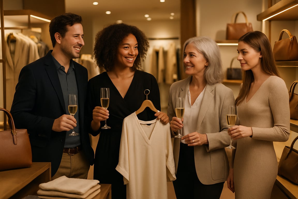 A photorealistic shot capturing a small group of customers enjoying a private shopping event in a stylish boutique, with champagne glasses in hand, browsing exclusive merchandise, soft lighting creating an intimate and luxurious atmosphere, emphasizing the experiential rewards of a loyalty program.