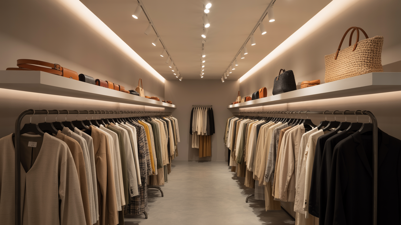 Εσωτερική διακόσμηση καταστήματος ρούχων με ράφια και φωτισμό