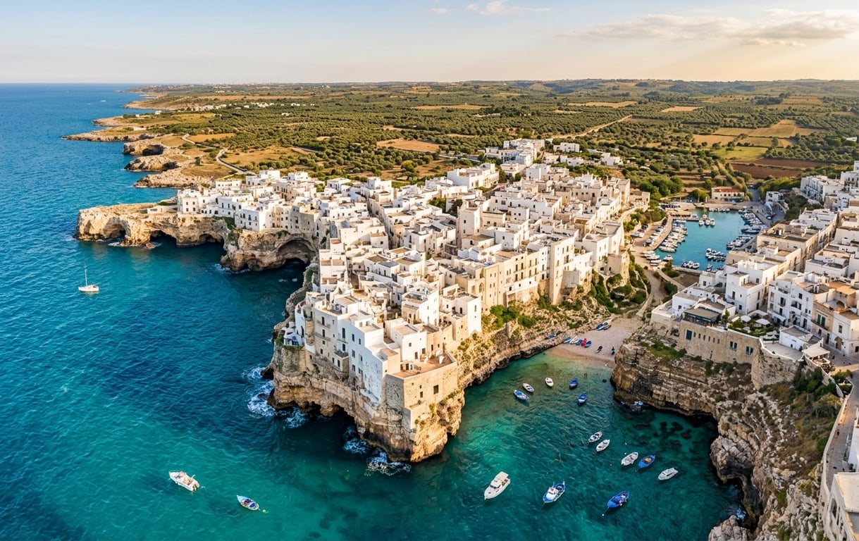 Vedere panoramică asupra coastei Puglia cu case albe și Marea Adriatică