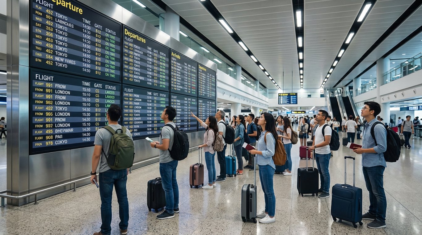 Pasageri verificând monitoarele cu informații despre zboruri în terminal de aeroport internațional