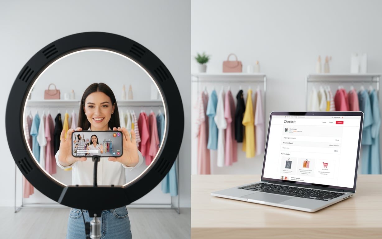Split scene comparing a live shopping stream setup with a standard online clothing store checkout