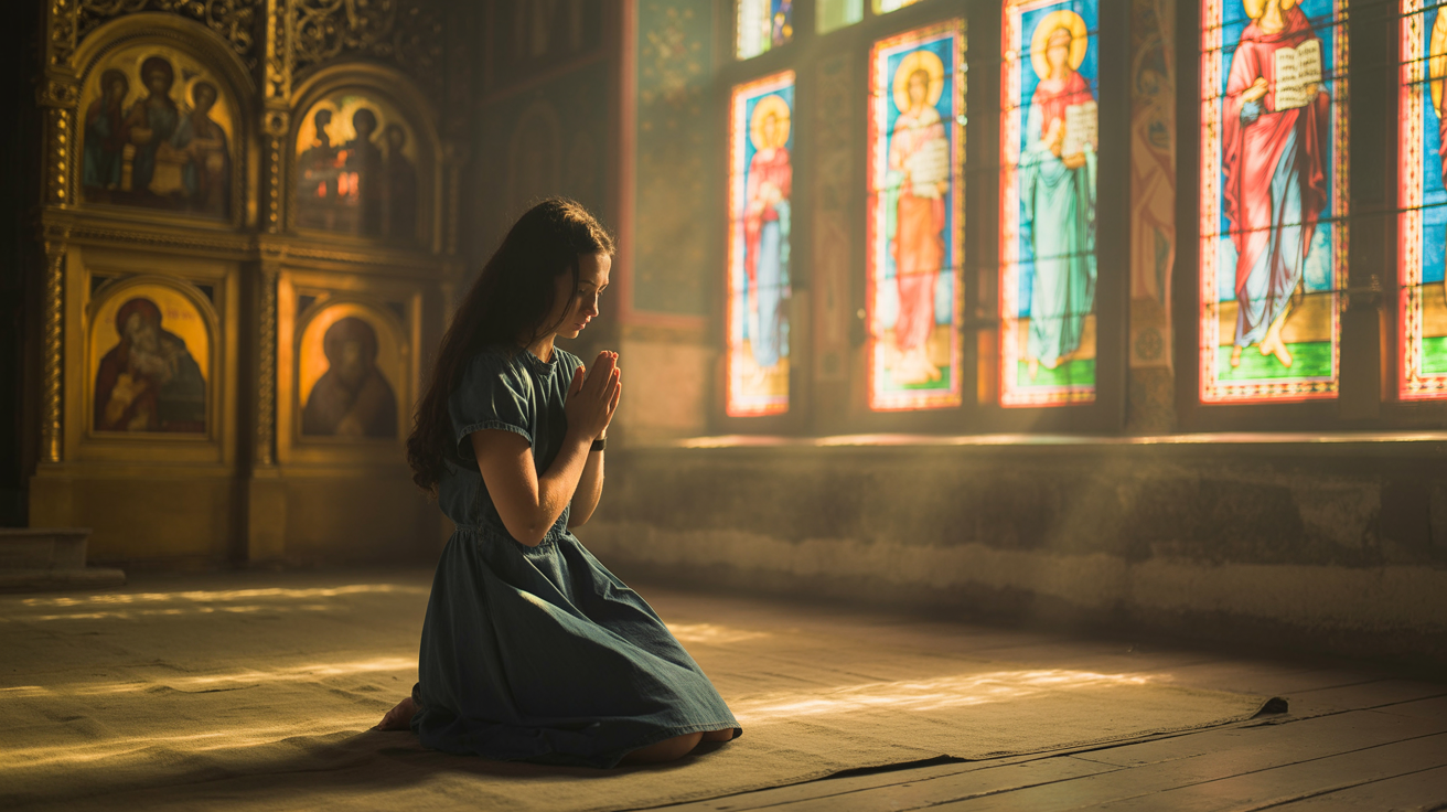 O persoană se roagă într-o biserică, lumina soarelui strălucește prin vitralii