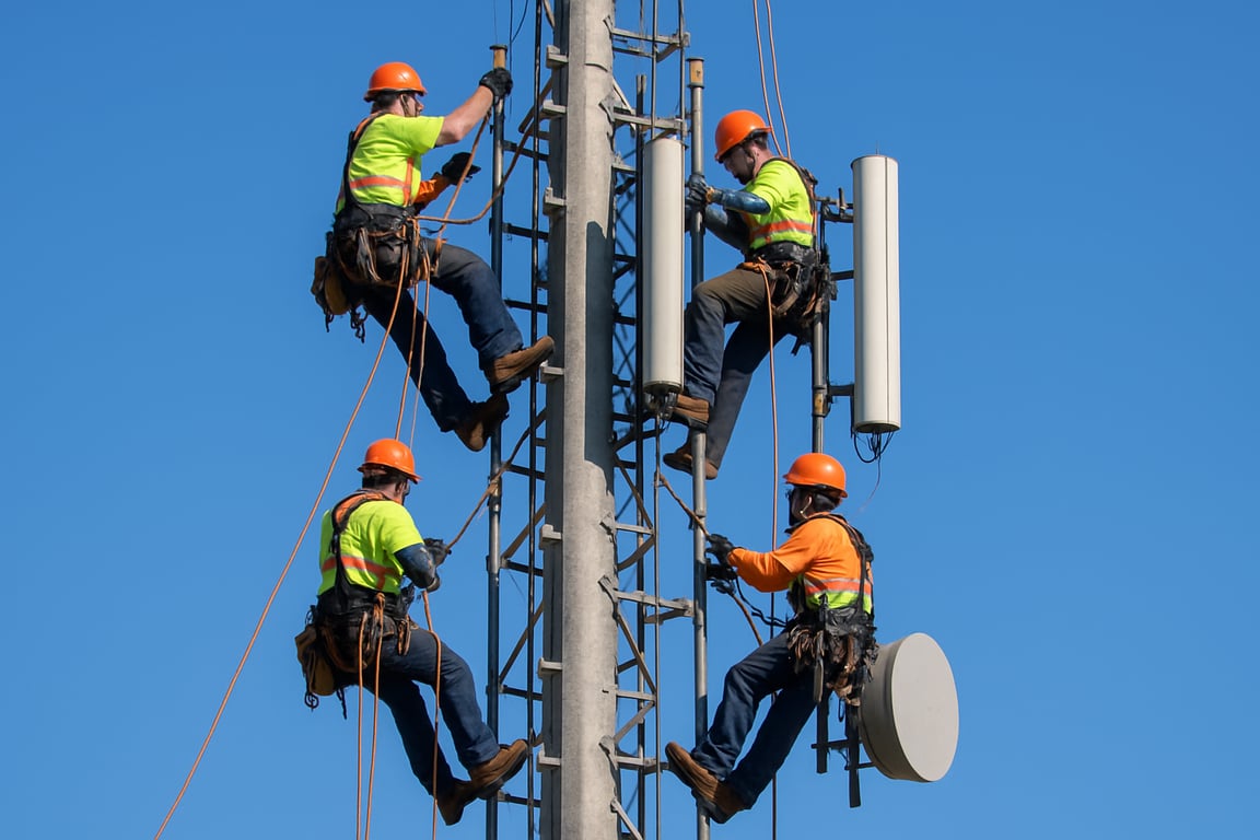 A photorealistic shot capturing a team of utility climbers working on a tall communication tower during a sunny day, wearing full safety gear, using ropes and harnesses, with a clear blue sky in the background, showcasing the integration of climbing techniques and practical tasks at height, emphasizing safety and efficiency.