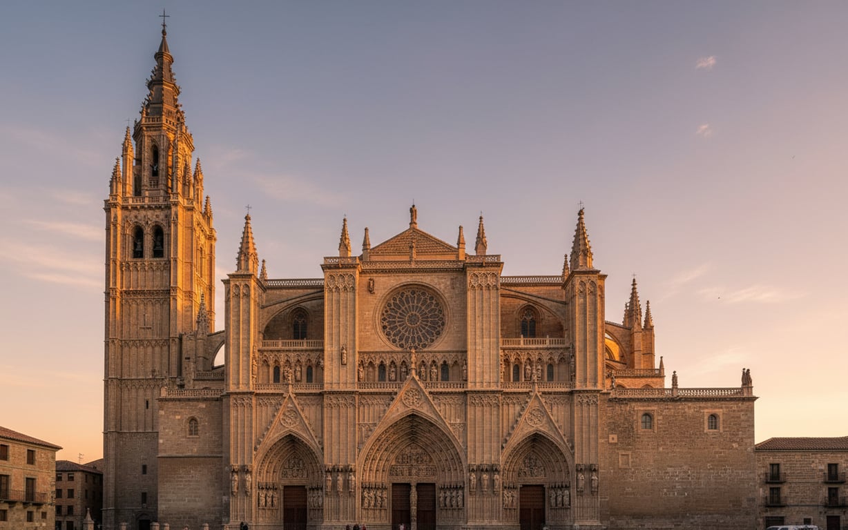 Fațada gotică impunătoare a Catedralei din Toledo văzută din piața centrală