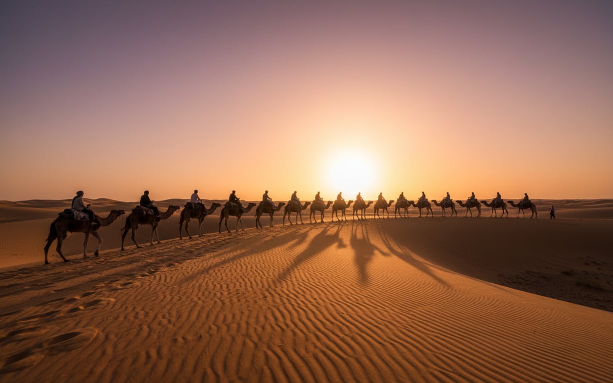 Caravană de cămile pe dunele aurii din Merzouga la răsăritul soarelui