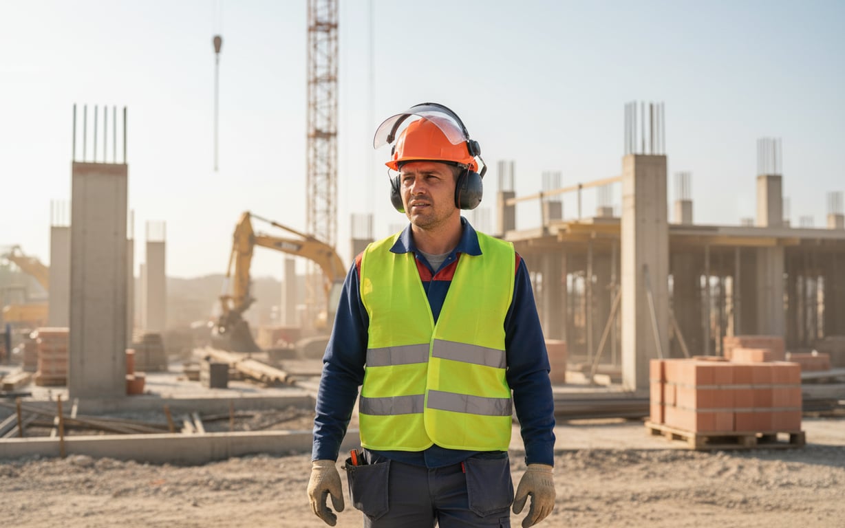 Muncitor de construcții cu echipament complet de protecție inclusiv antifoane pe șantier
