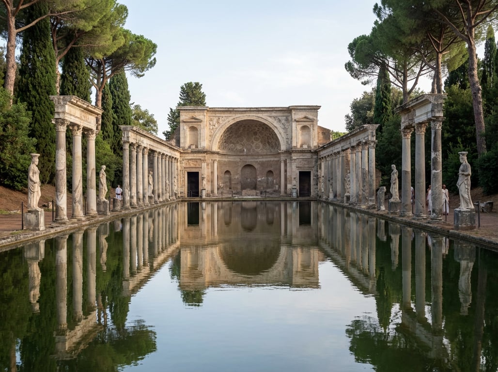Canopus din Villa Adriana cu bazinul lung și coloanele reflectate în apă