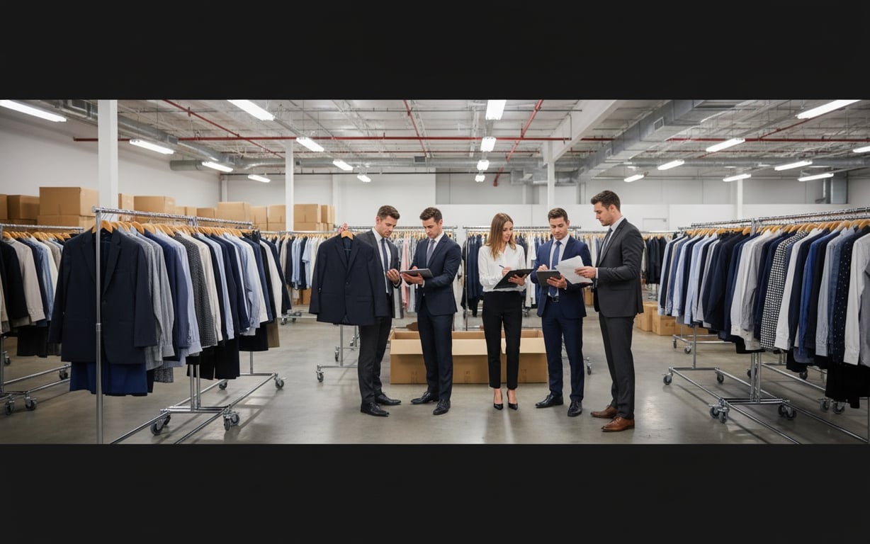 Professional clothing liquidation company representatives examining bulk apparel merchandise