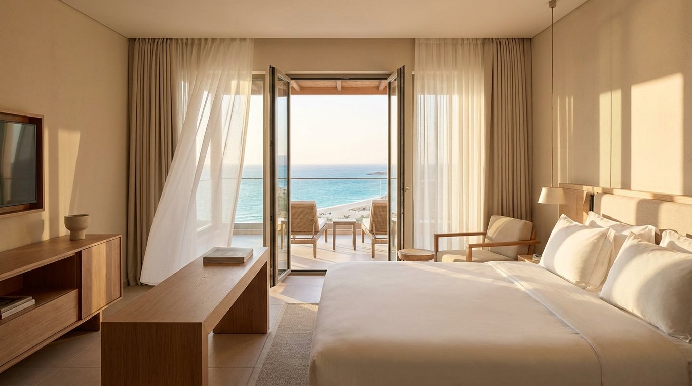 Cameră de hotel premium cu vedere la mare și balcon spațios în resort mediteranean