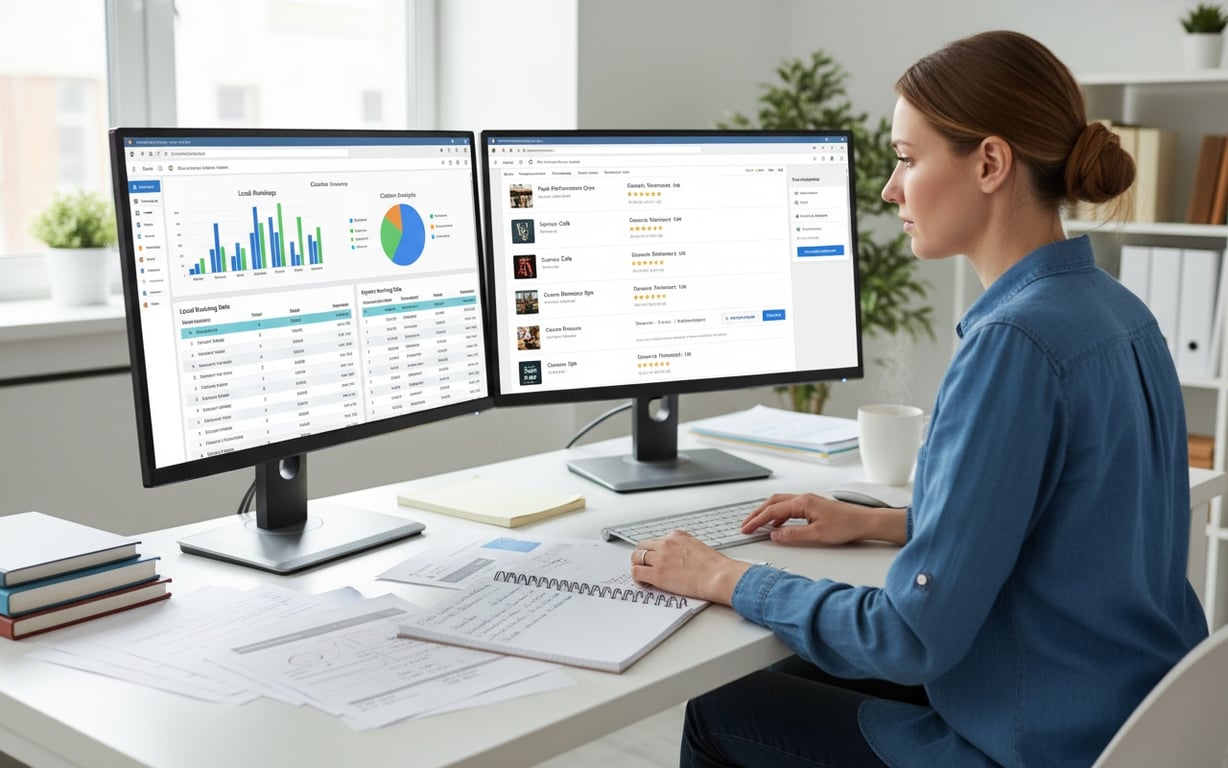 Digital marketing professional analyzing local SEO audit dashboard with multiple tools