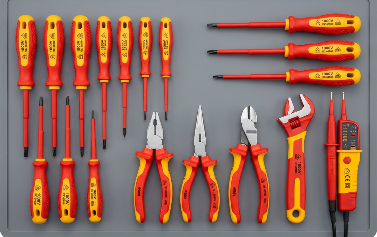 Set complet de scule izolate certificate VDE pentru electricieni cu surubelnite, clesti si chei marcate 1000V
