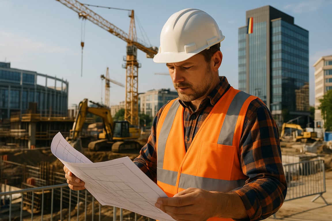 A photorealistic shot capturing a construction worker wearing a safety helmet on a busy construction site in Bucharest, Romania, during a sunny afternoon. The worker is inspecting blueprints, with modern buildings and construction equipment visible in the background. The scene emphasizes safety and professionalism, with the worker's focused expression and the overall atmosphere of a bustling urban construction project.