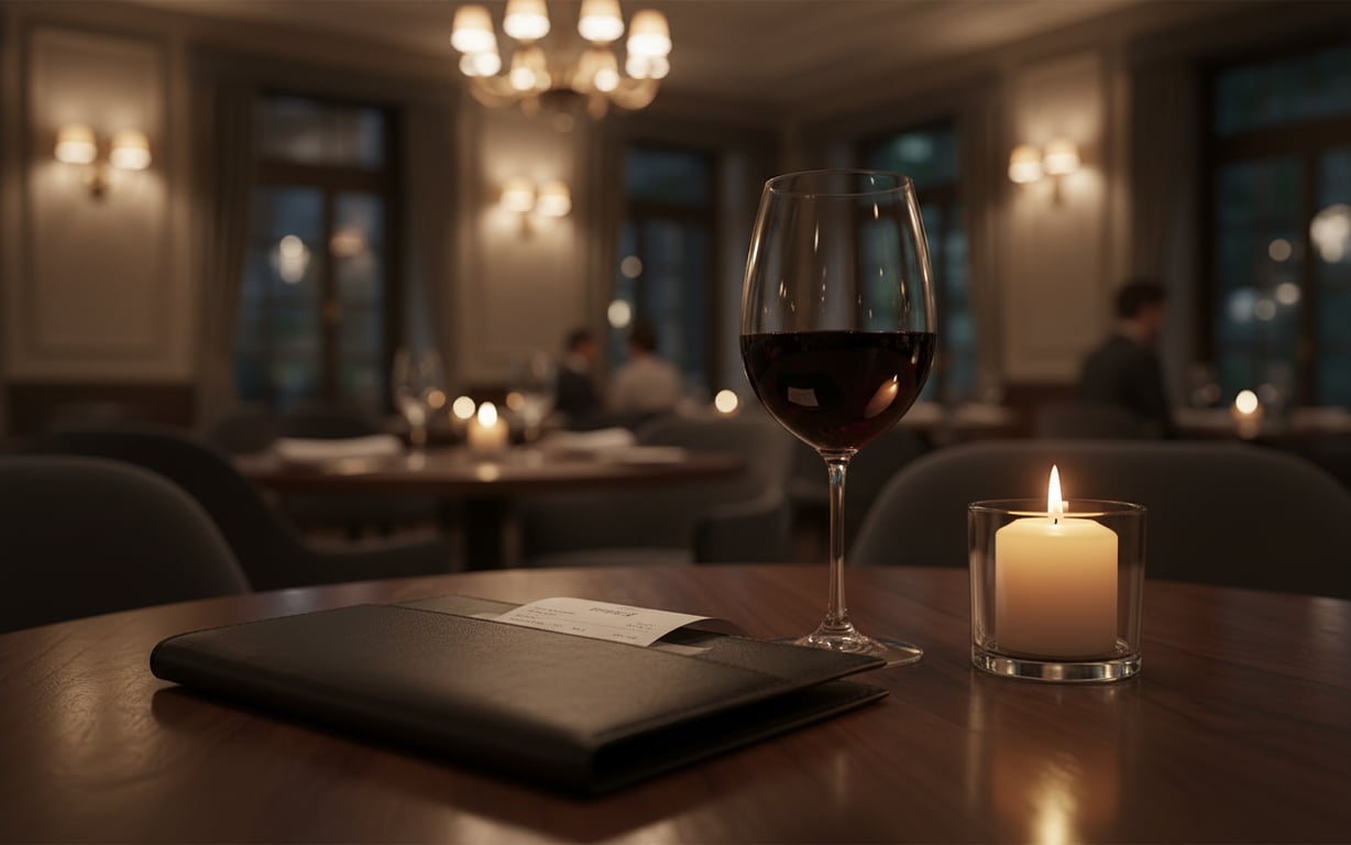 Nota de plată și un pahar de vin roșu pe o masă de restaurant elegantă