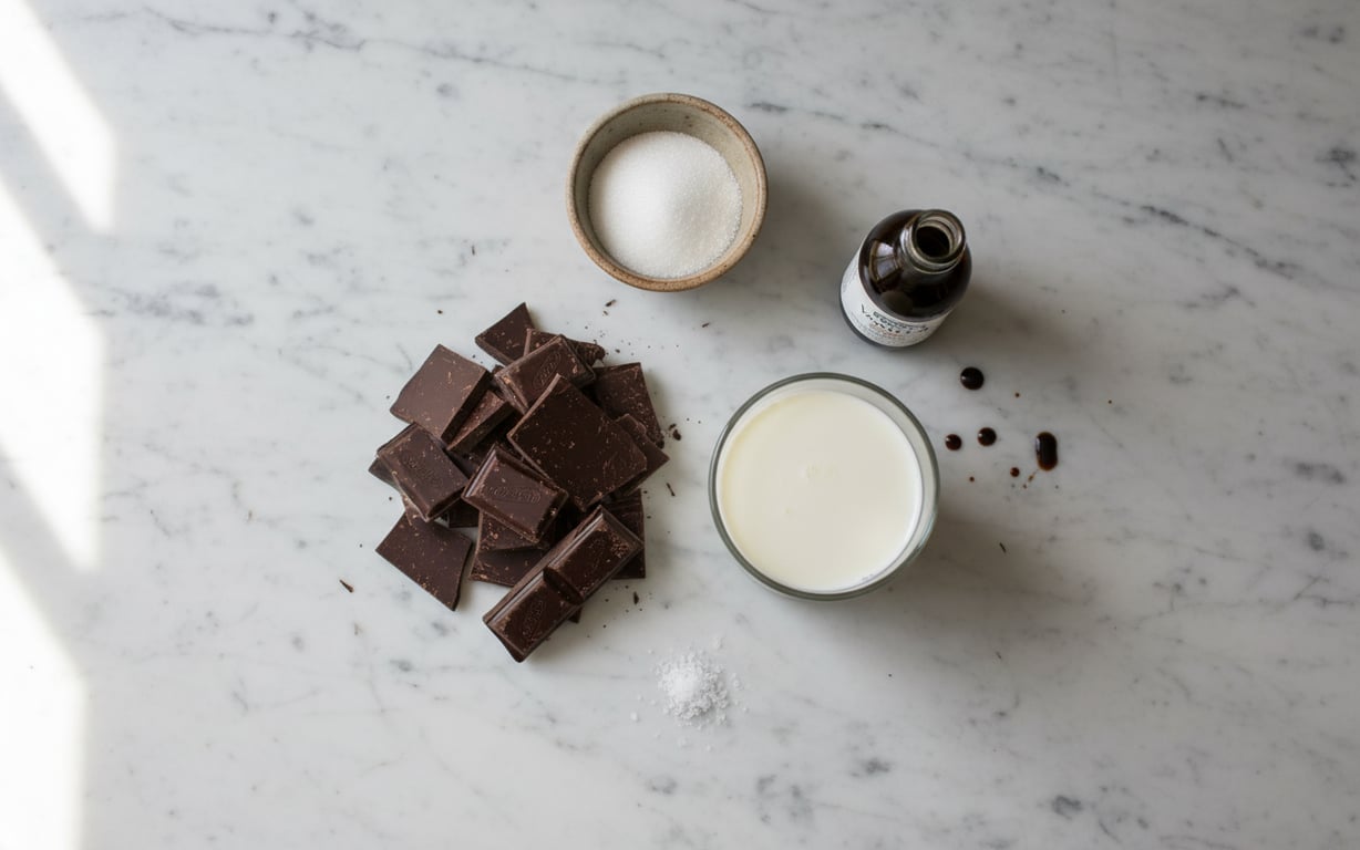 Ingrediente pentru ciocolată caldă aranjate pe blat de bucătărie
