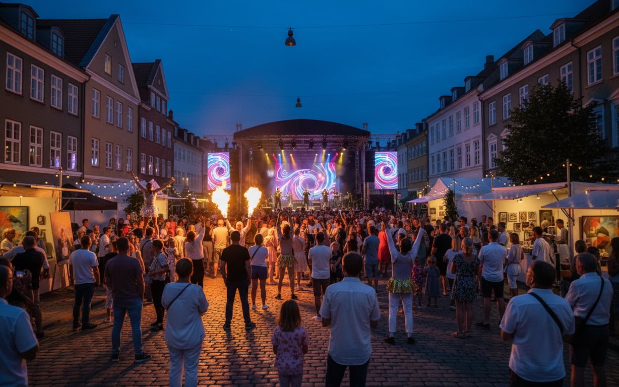 Public adunat pe o stradă din Aarhus în timpul unui spectacol de artă stradală la festivalul de vară