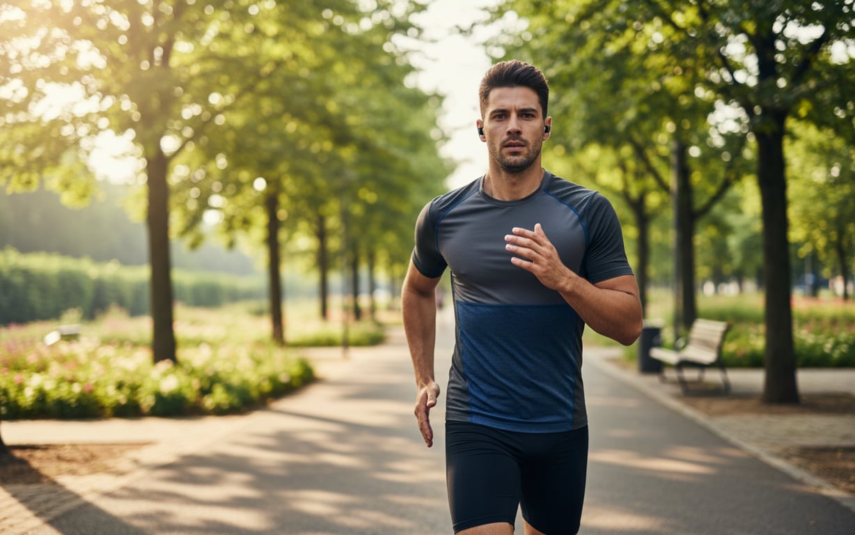 Sportiv alergând cu căști wireless moderne în parc